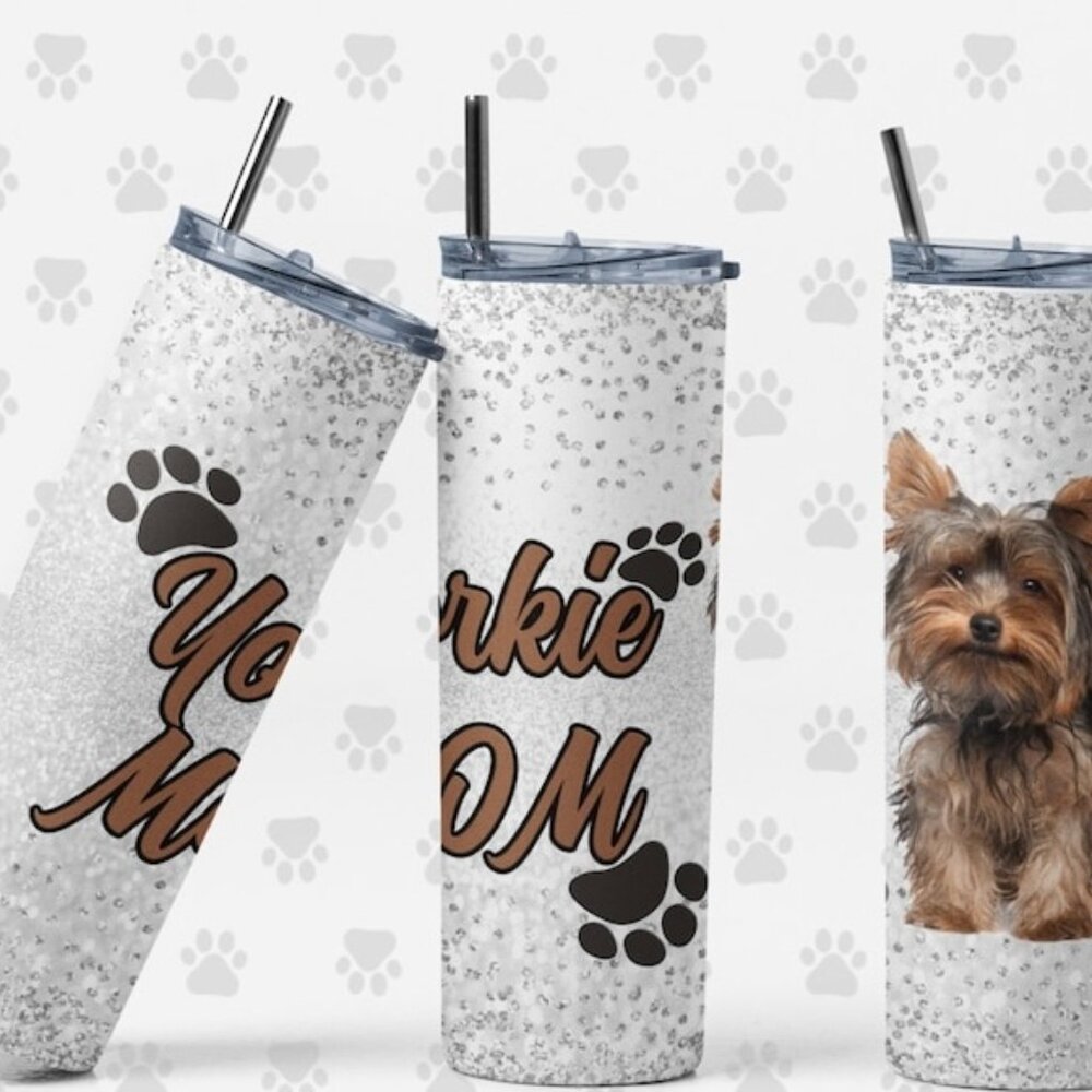 Yorkie Mom Large Insulated Tumbler with Metal Straw & Cleaning Brush ~ NEW
